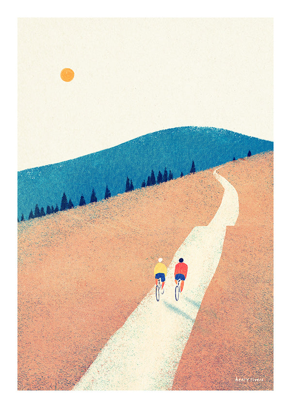 Arte desportiva com dois ciclistas em caminho soalheiro