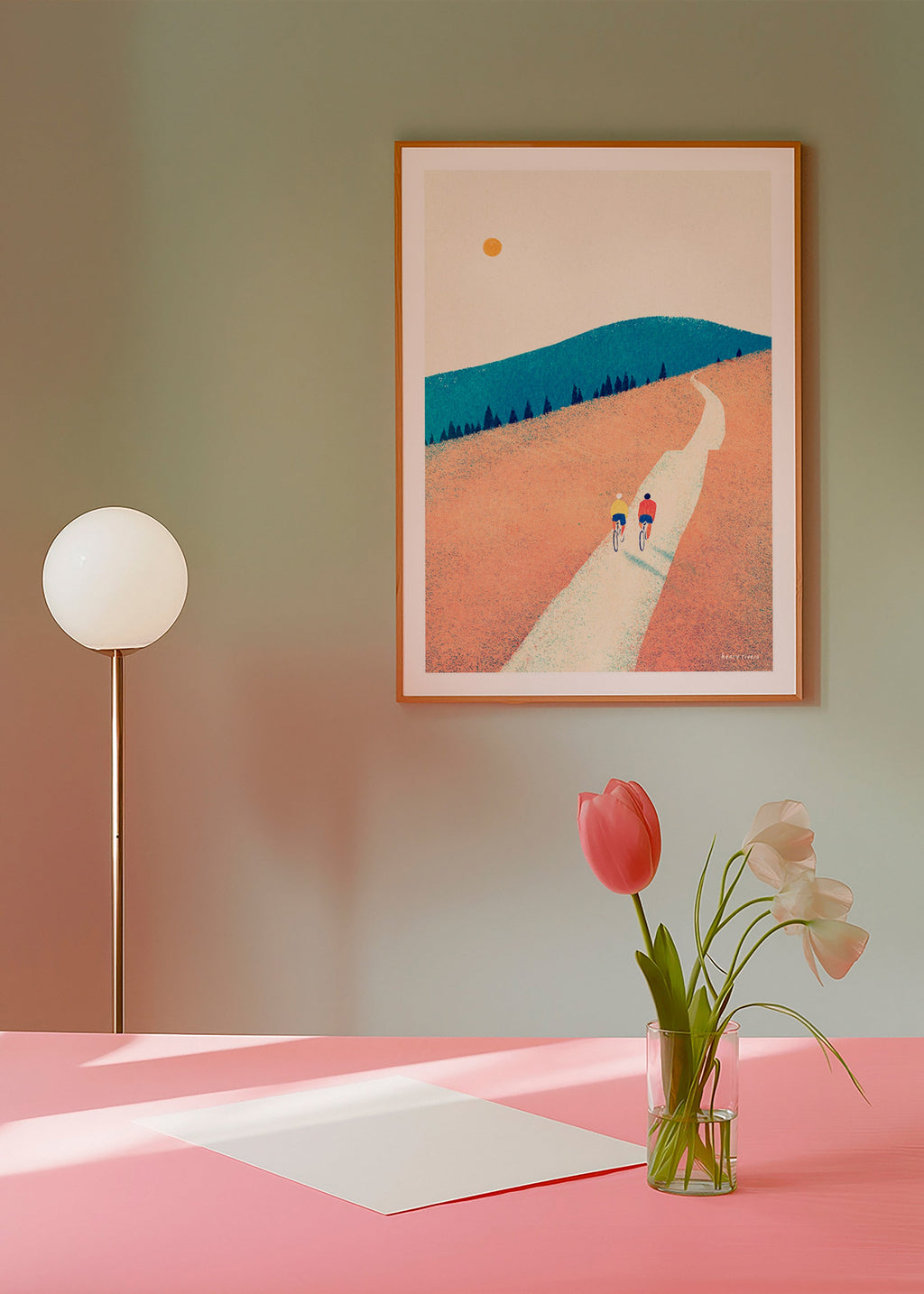 Arte desportiva com dois ciclistas em caminho soalheiro – Product2
