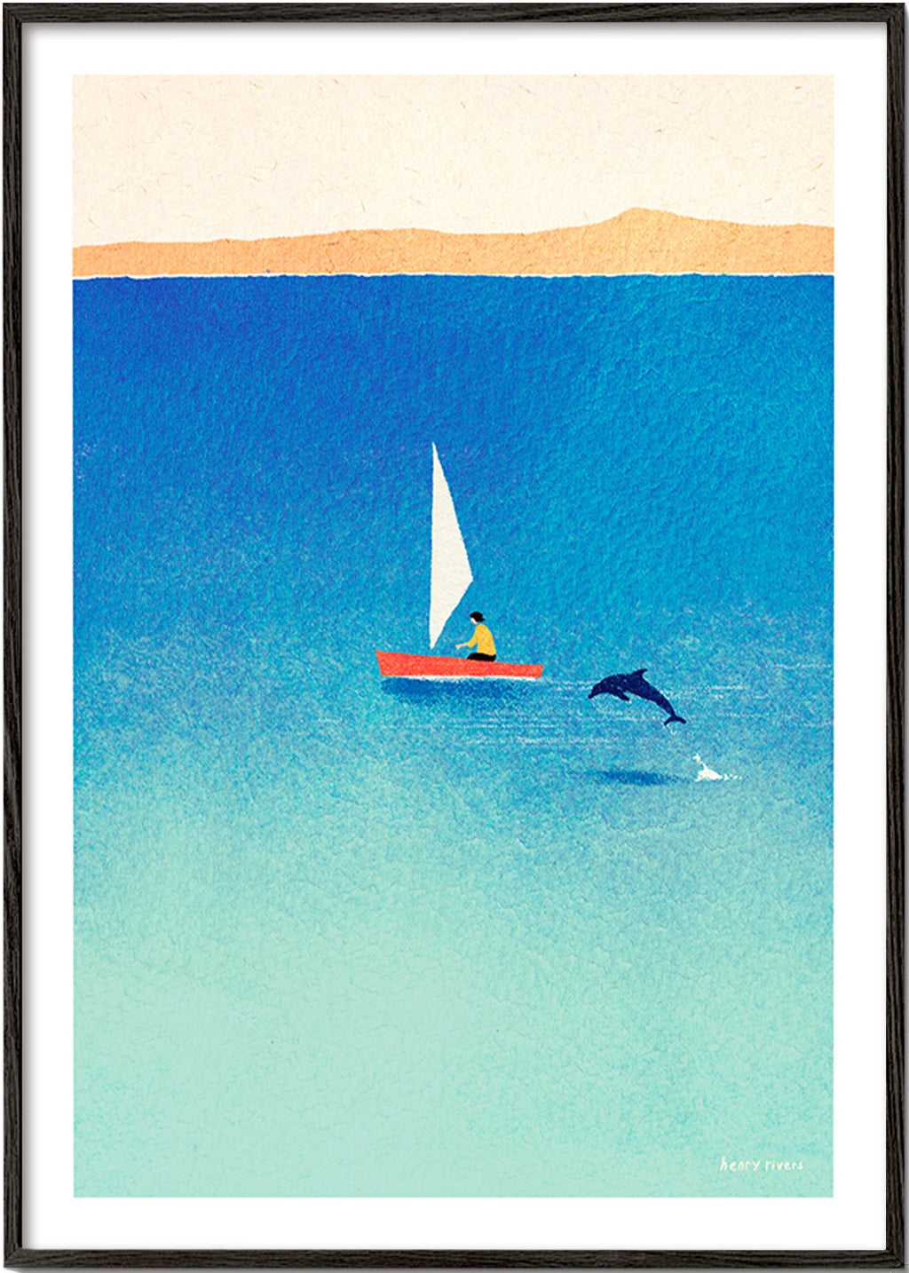 Quadro com delfim e veleiro no mar azul – Black Frame