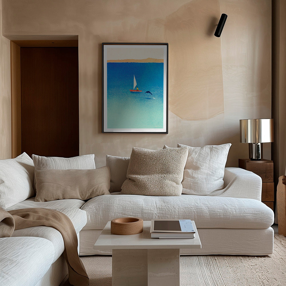 Quadro com delfim e veleiro no mar azul – Canvas1
