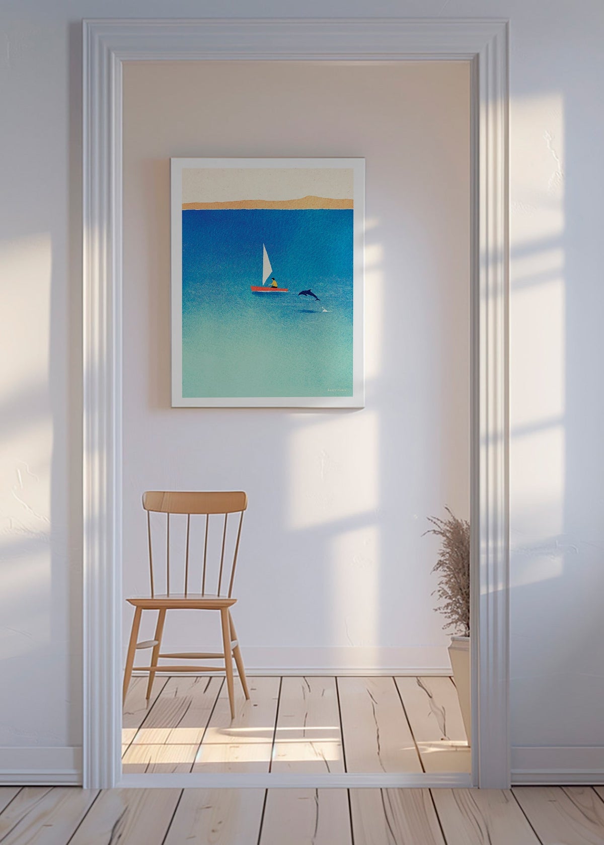 Quadro com delfim e veleiro no mar azul – Canvas