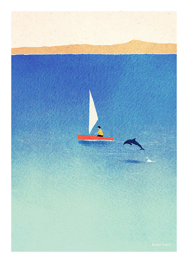 Quadro com delfim e veleiro no mar azul