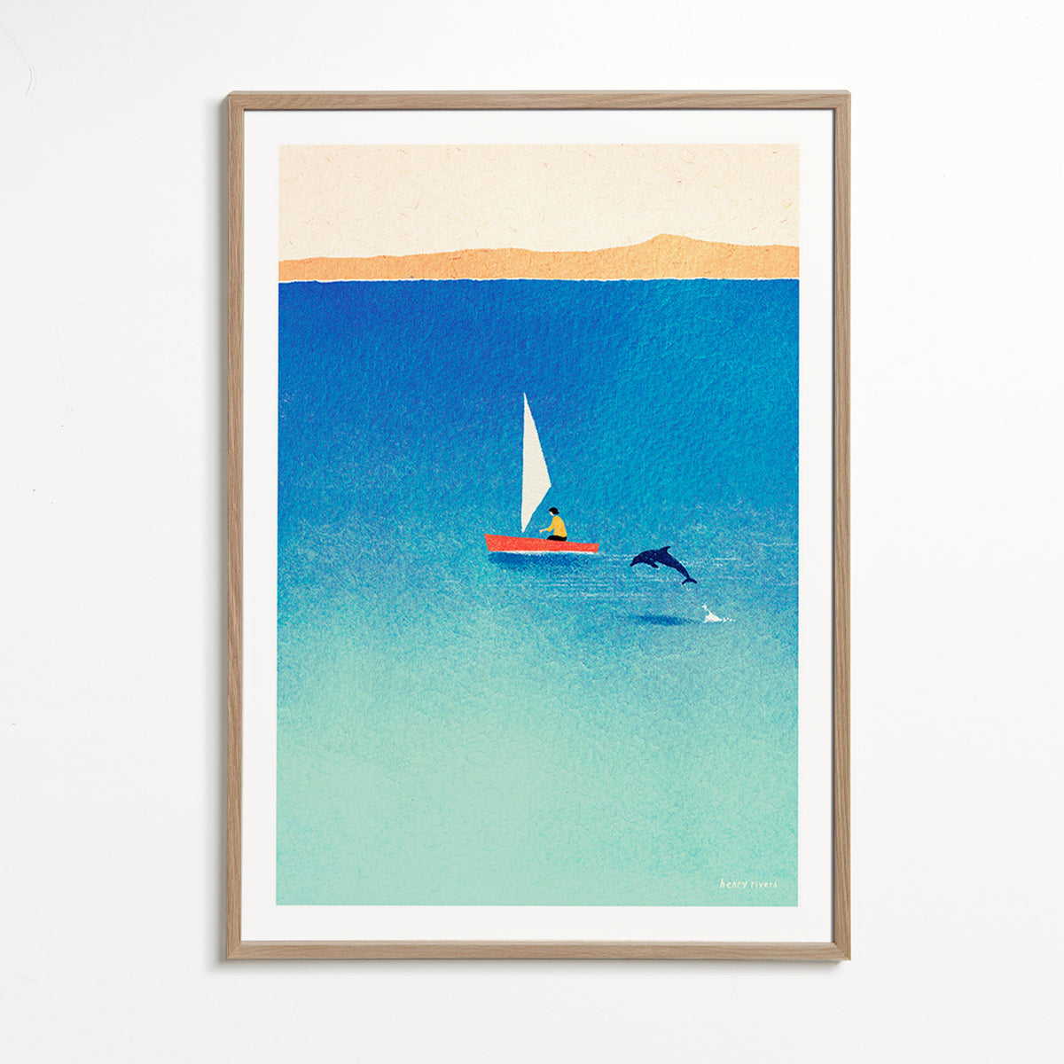 Quadro com delfim e veleiro no mar azul – Oak Frame