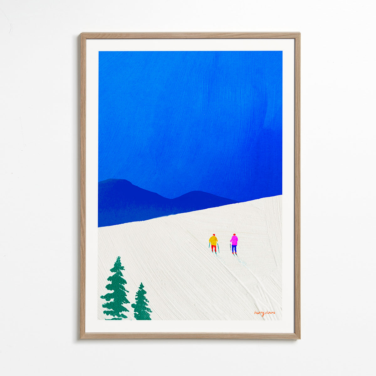 Arte desportiva: esquiadores na encosta – Oak Frame