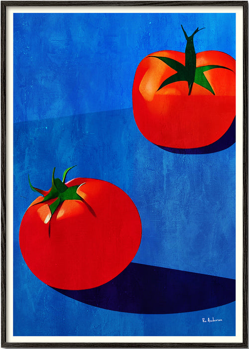 Arte para cozinha com tomates sobre azul