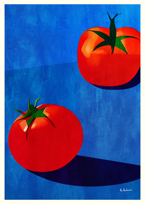 Arte para cozinha com tomates sobre azul
