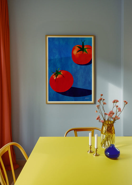 Arte para cozinha com tomates sobre azul