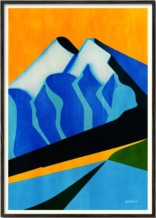 Quadro de paisagem com picos azuis estilizados