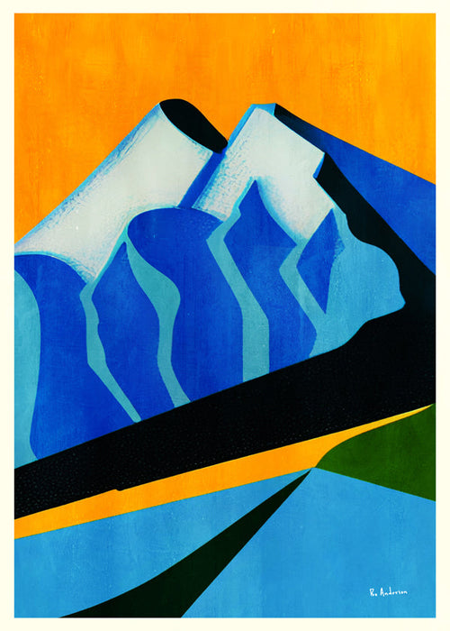 Quadro de paisagem com picos azuis estilizados