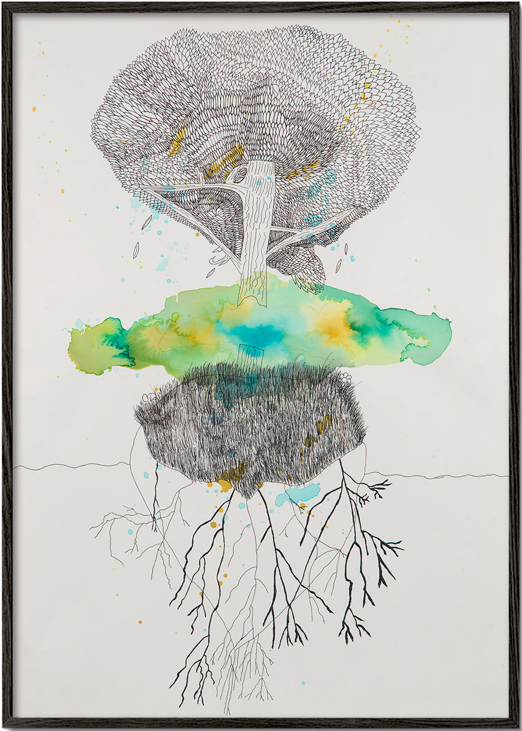 Estampa botânica árvore e raízes em tinta e aquarela – Black Frame
