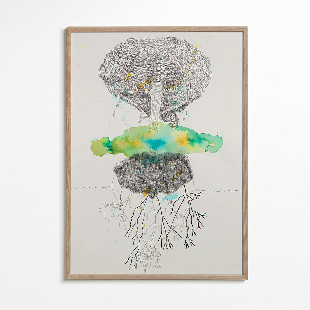 Estampa botânica árvore e raízes em tinta e aquarela – Oak Frame