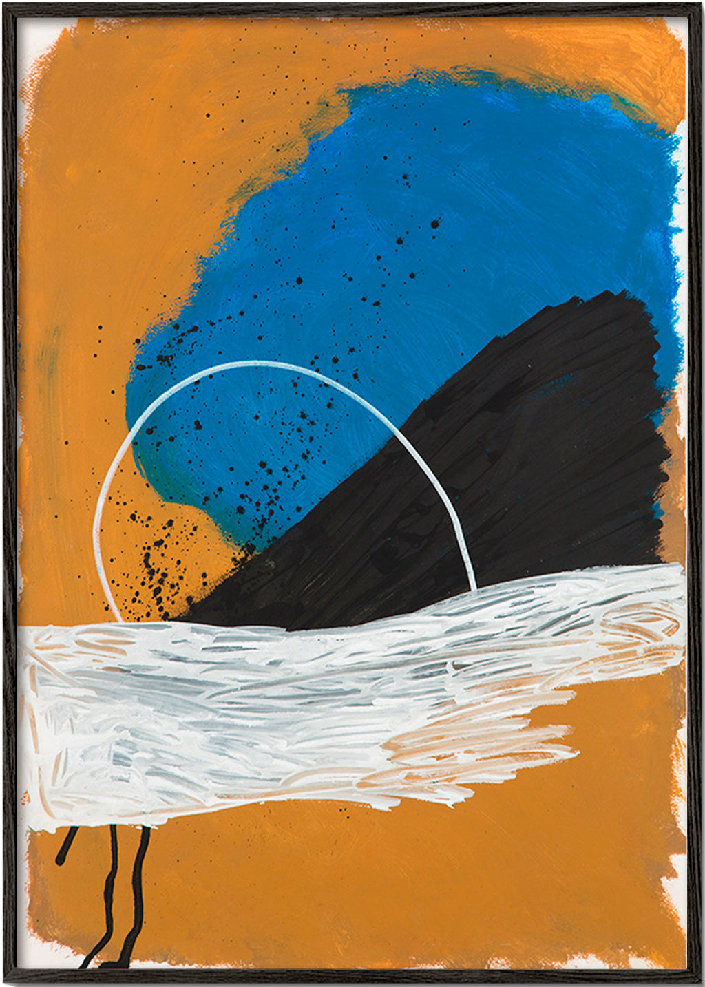 Quadro abstrato arco costeiro em ocre e azul – Black Frame