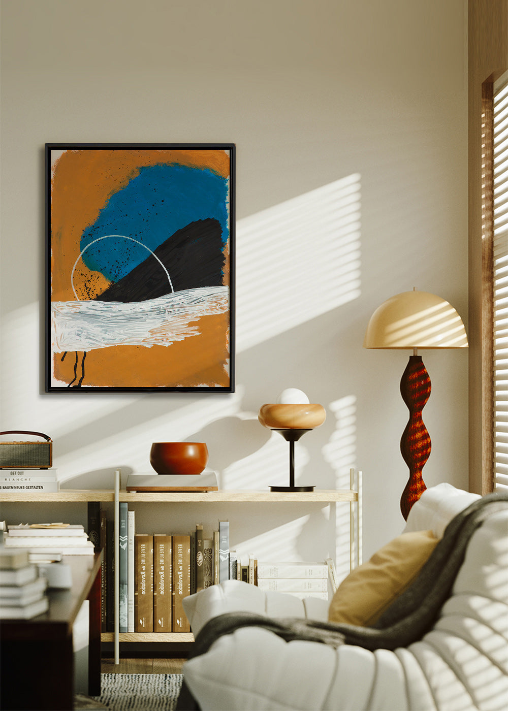 Quadro abstrato arco costeiro em ocre e azul – Canvas2