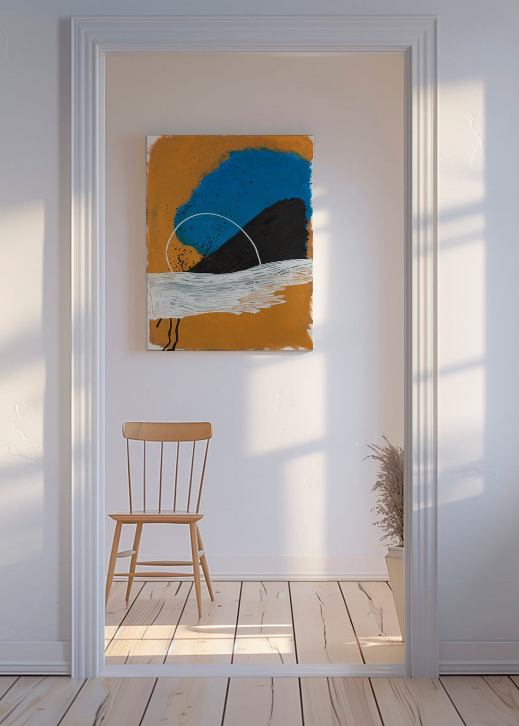 Quadro abstrato arco costeiro em ocre e azul – Canvas