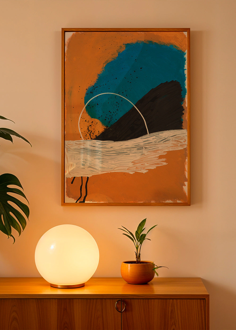 Quadro abstrato arco costeiro em ocre e azul – Product1