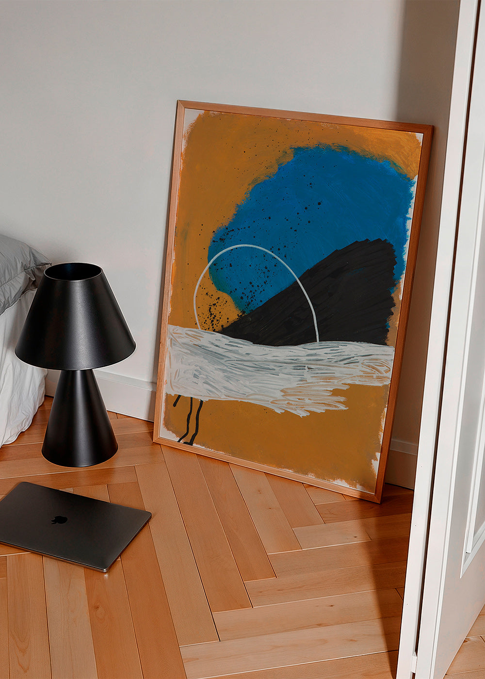 Quadro abstrato arco costeiro em ocre e azul – Product2