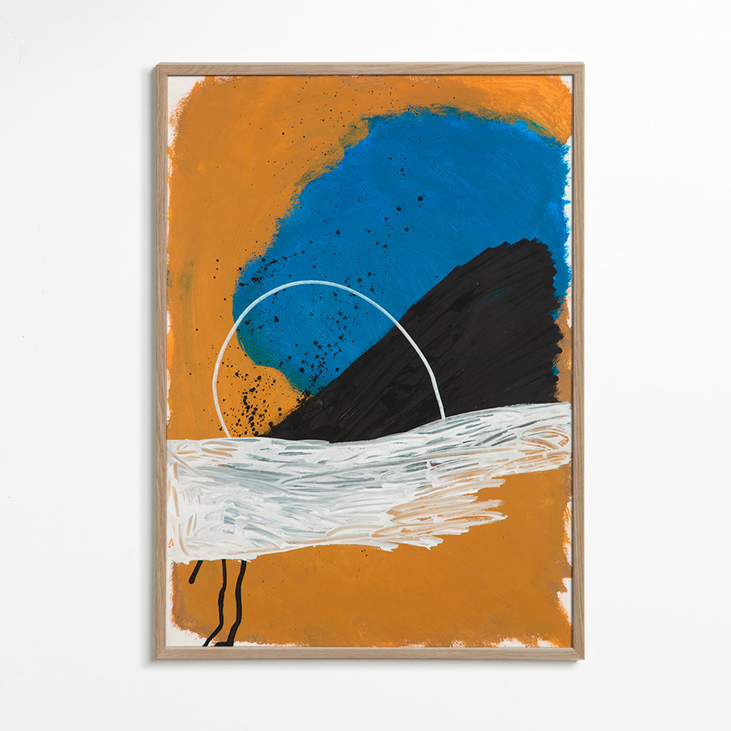 Quadro abstrato arco costeiro em ocre e azul – Oak Frame