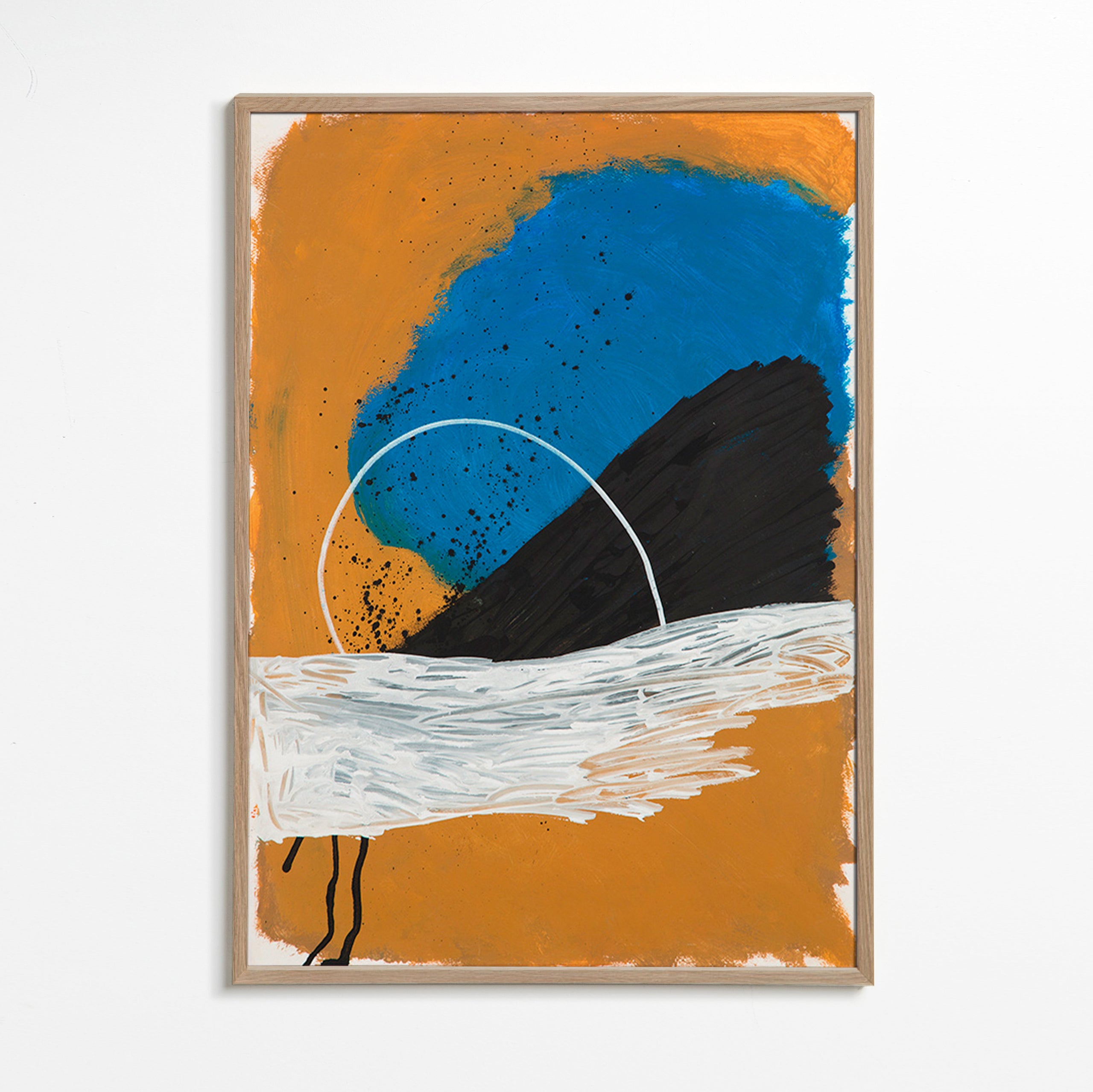 Quadro abstrato arco costeiro em ocre e azul – Oak Frame