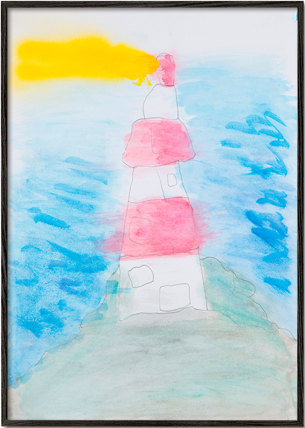 Arte paisagística com farol em aquarela – Black Frame