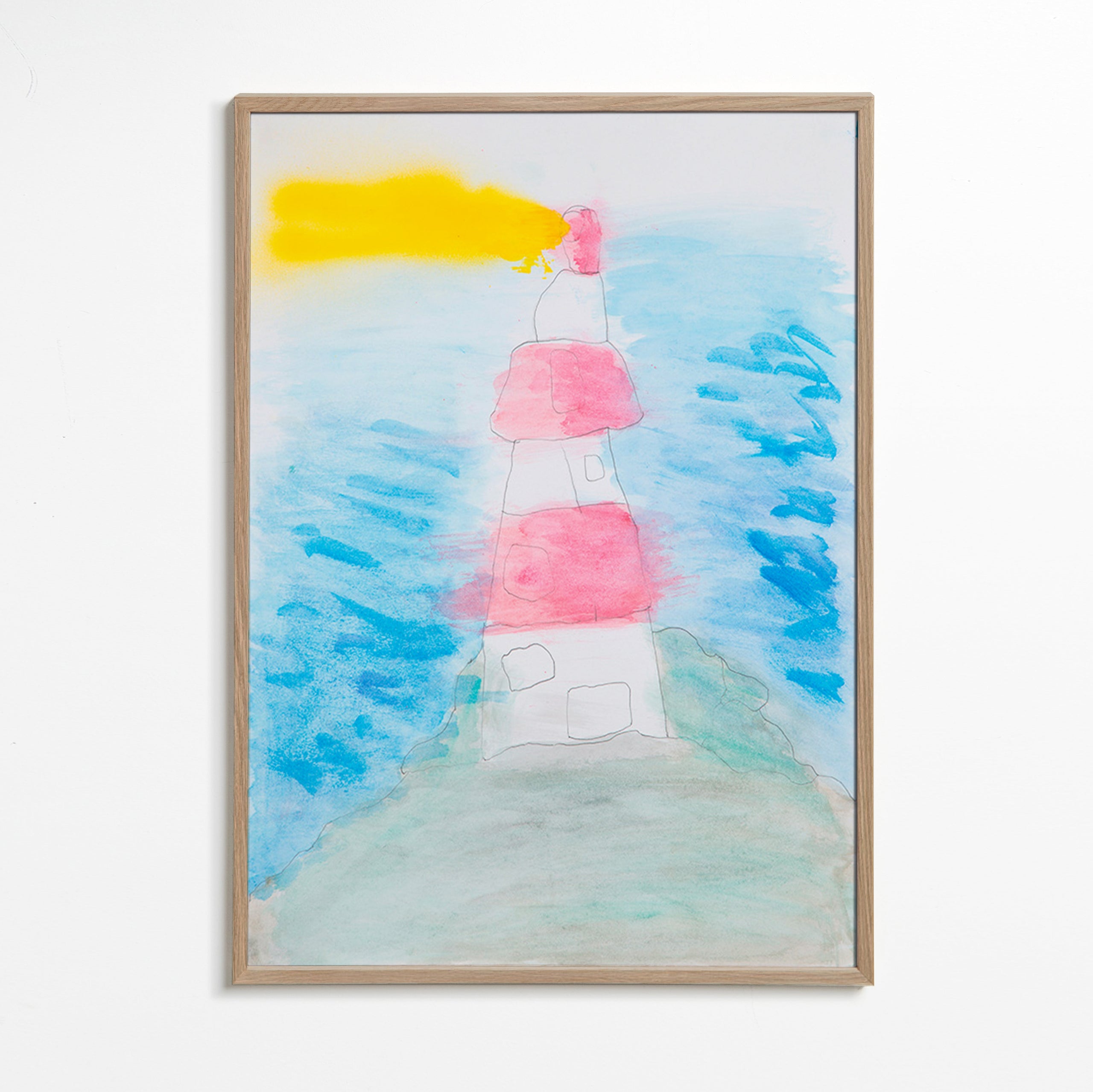 Arte paisagística com farol em aquarela – Oak Frame