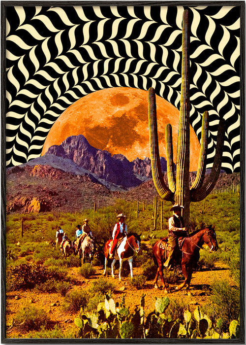 Quadro paisagem com cowboys e lua laranja
