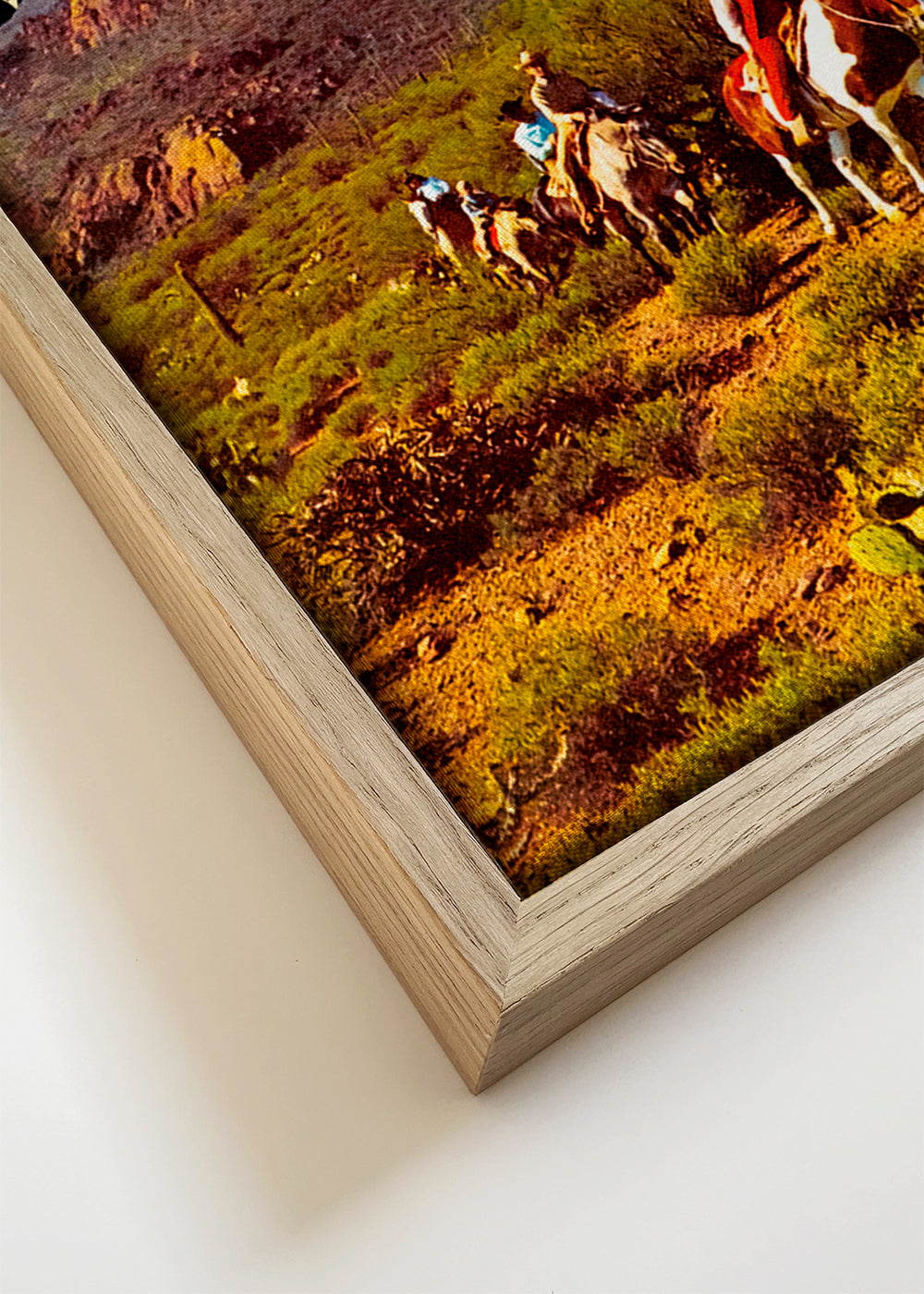 Quadro paisagem com cowboys e lua laranja