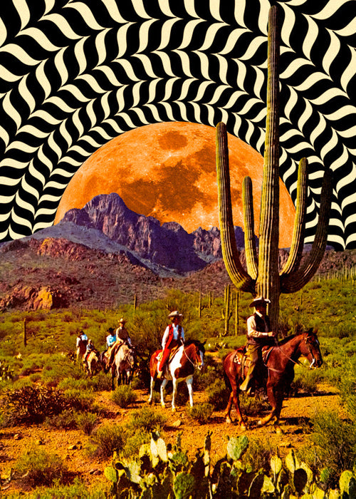 Quadro paisagem com cowboys e lua laranja