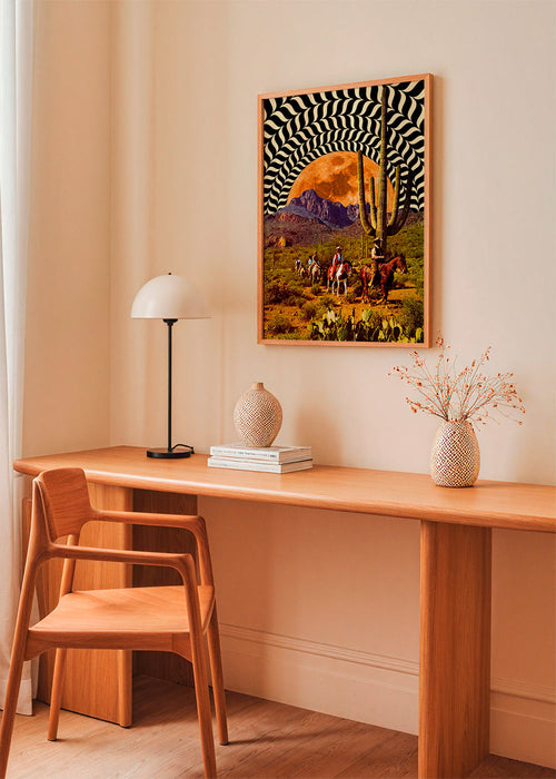 Quadro paisagem com cowboys e lua laranja