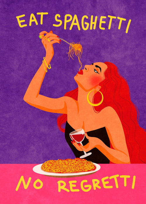 Arte para cozinha pop: ilustração mulher com spaghetti