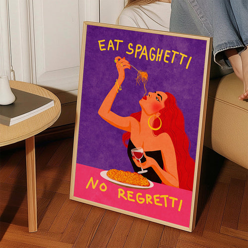 Arte para cozinha pop: ilustração mulher com spaghetti
