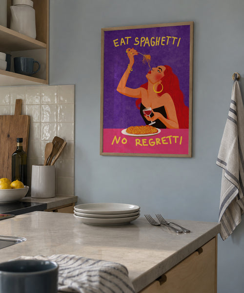 Eat spaghetti no regretti - Framed poster in an interior