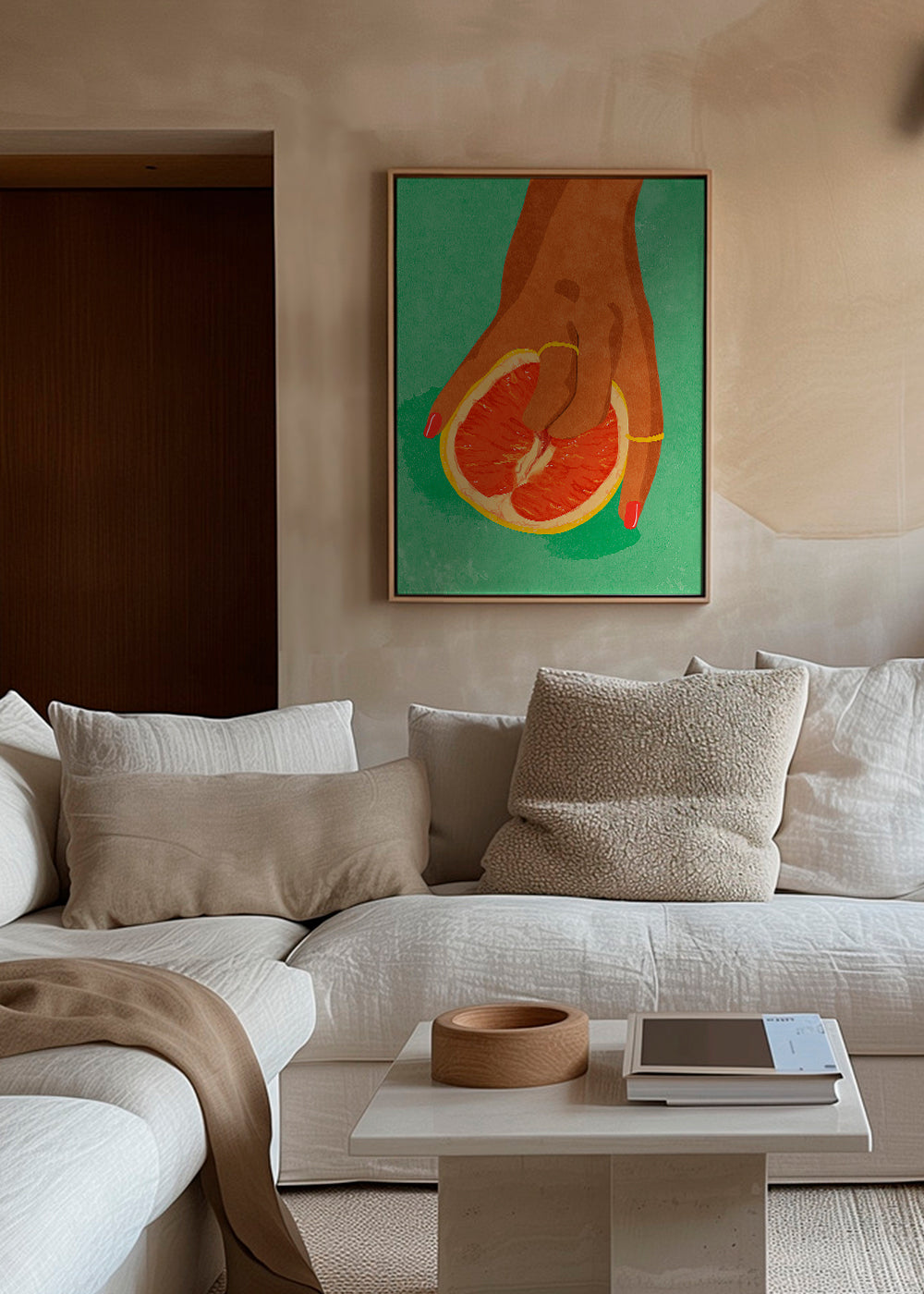 Arte para cozinha com toranja e mão