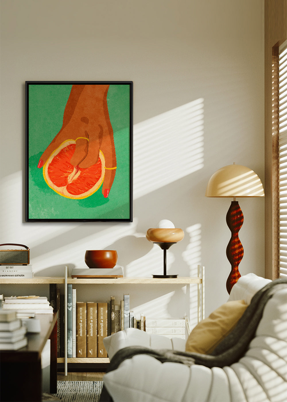 Arte para cozinha com toranja e mão