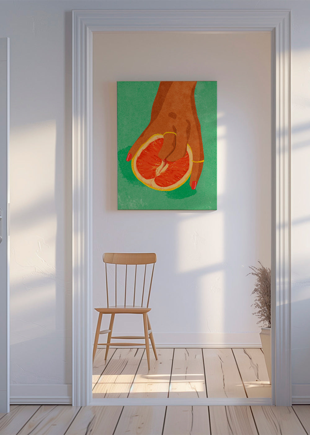 Arte para cozinha com toranja e mão