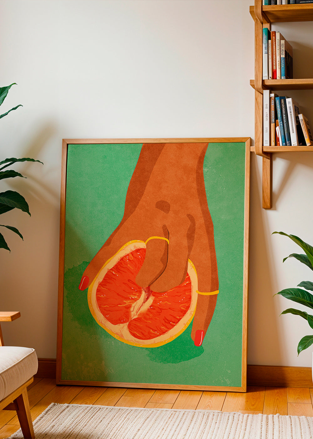 Arte para cozinha com toranja e mão