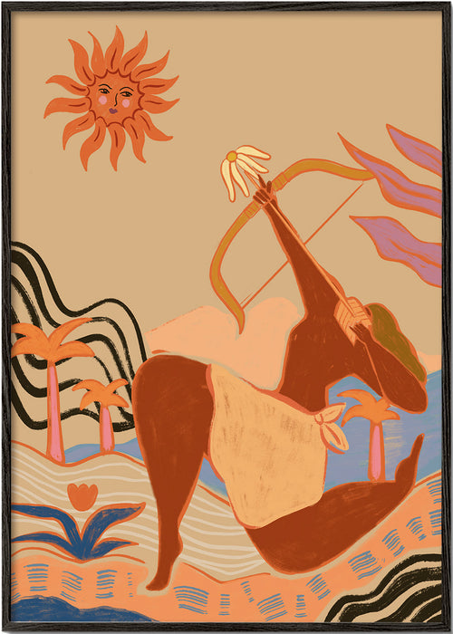 Ilustração sol e arqueiro em tons quentes