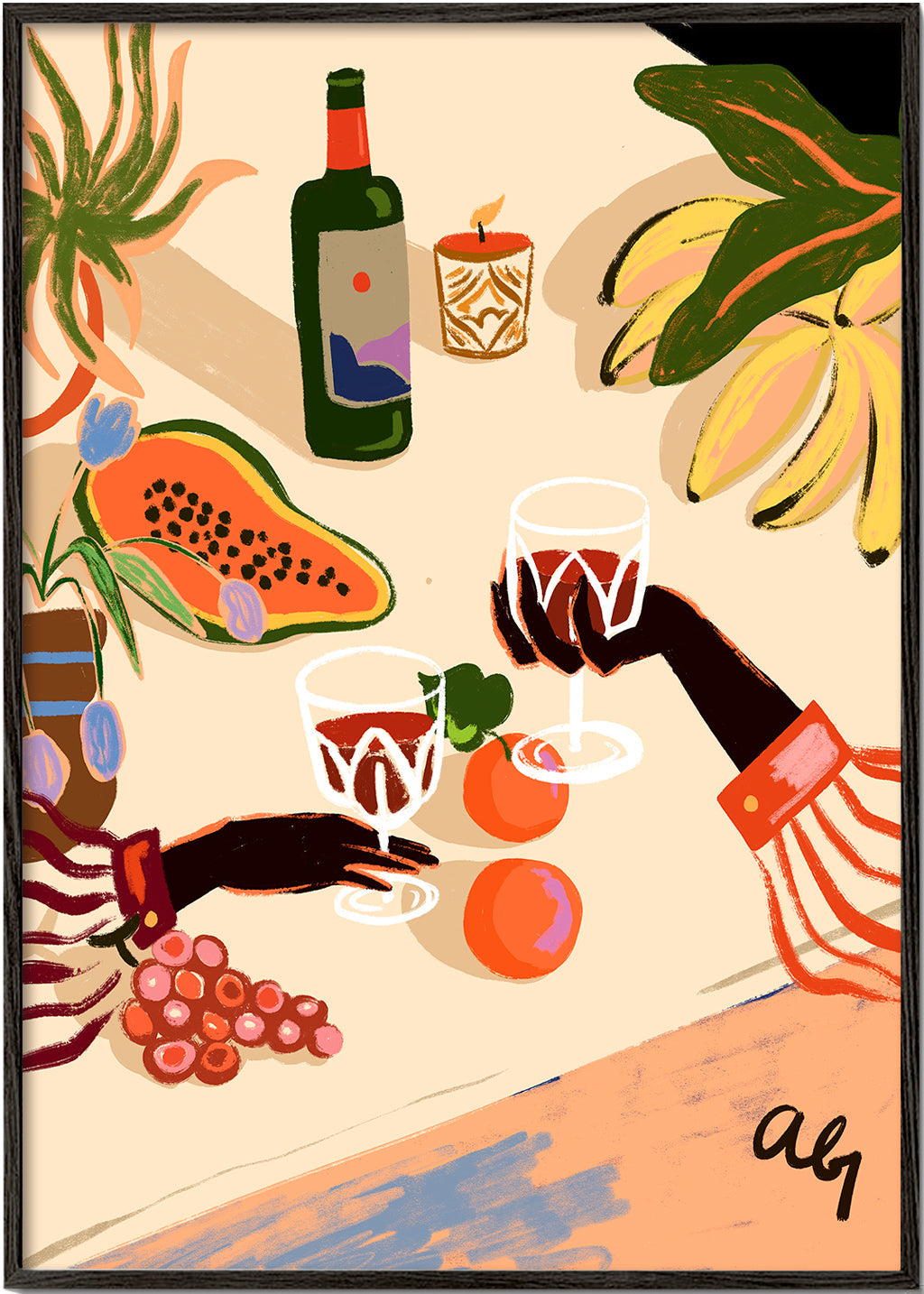 Arte para cozinha: bodegón ilustrado com vinho e fruta