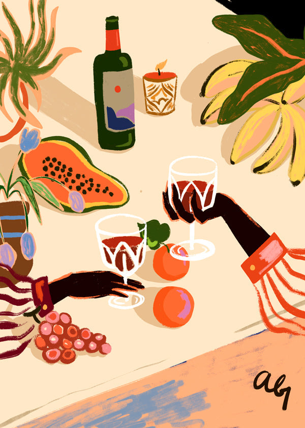 Arte para cozinha: bodegón ilustrado com vinho e fruta