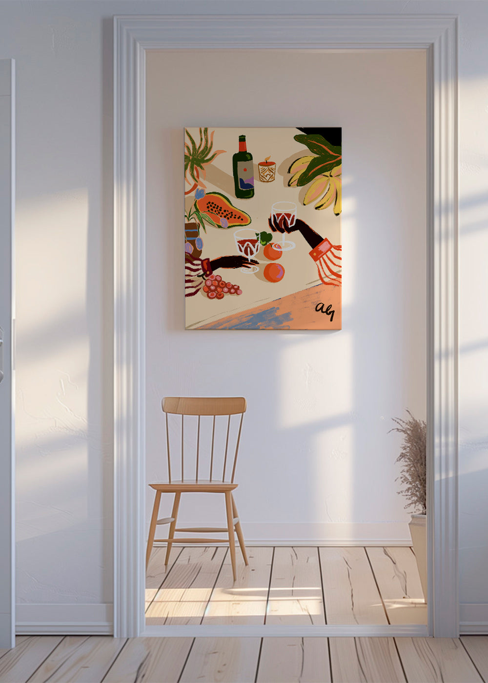 Arte para cozinha: bodegón ilustrado com vinho e fruta
