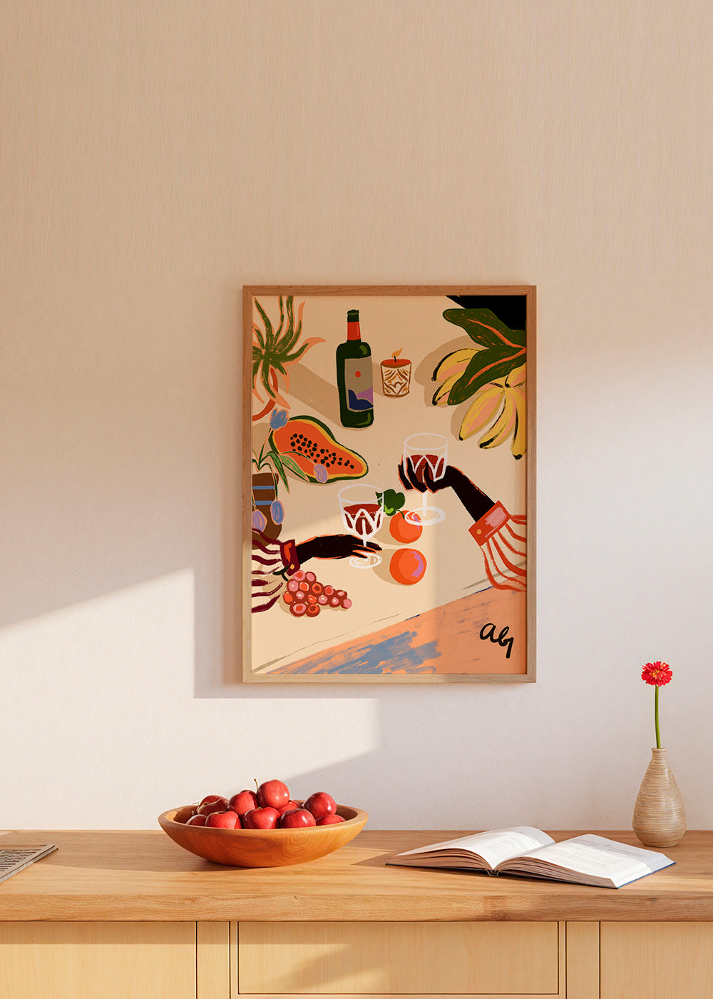 Arte para cozinha: bodegón ilustrado com vinho e fruta