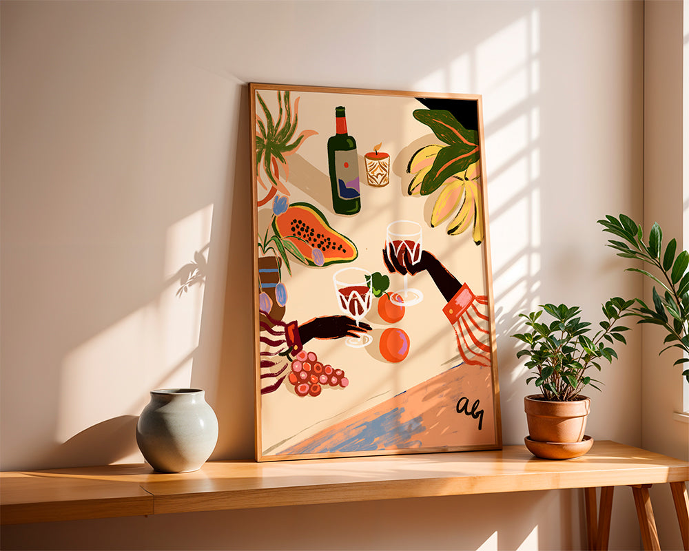 Arte para cozinha: bodegón ilustrado com vinho e fruta