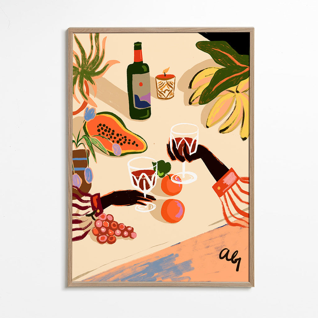 Arte para cozinha: bodegón ilustrado com vinho e fruta