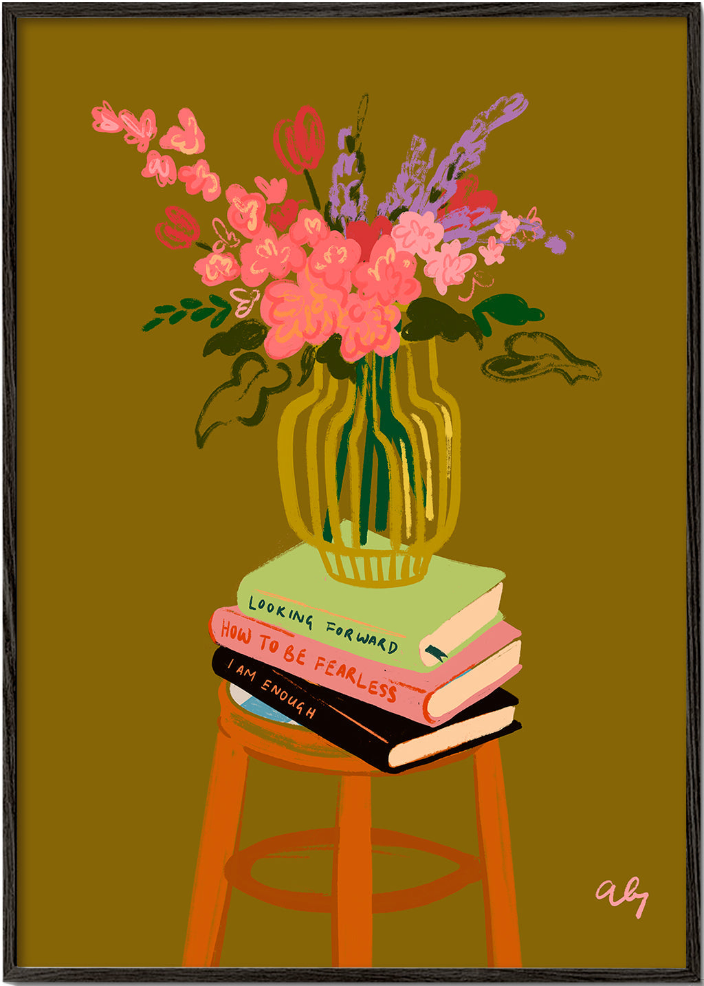 Estampa botânica: vaso de flores sobre livros