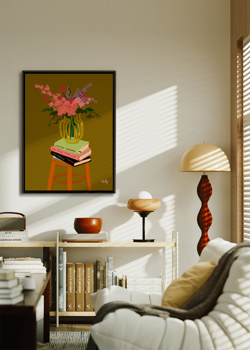 Estampa botânica: vaso de flores sobre livros