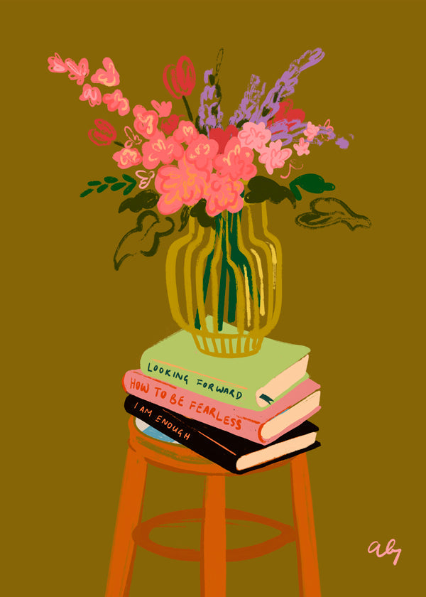 Estampa botânica: vaso de flores sobre livros