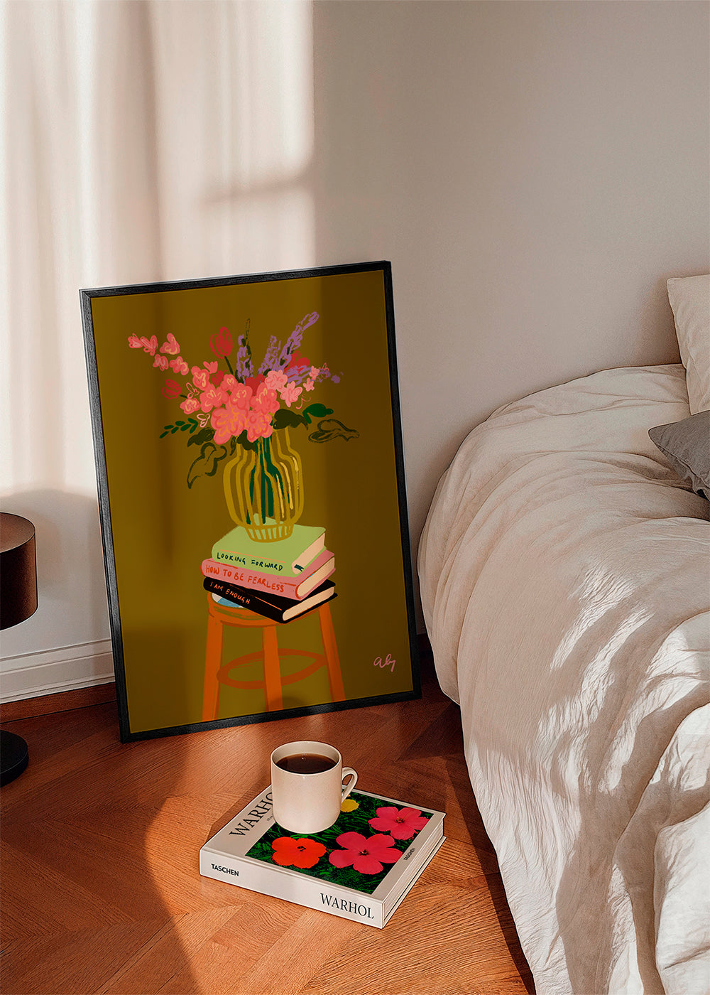 Estampa botânica: vaso de flores sobre livros