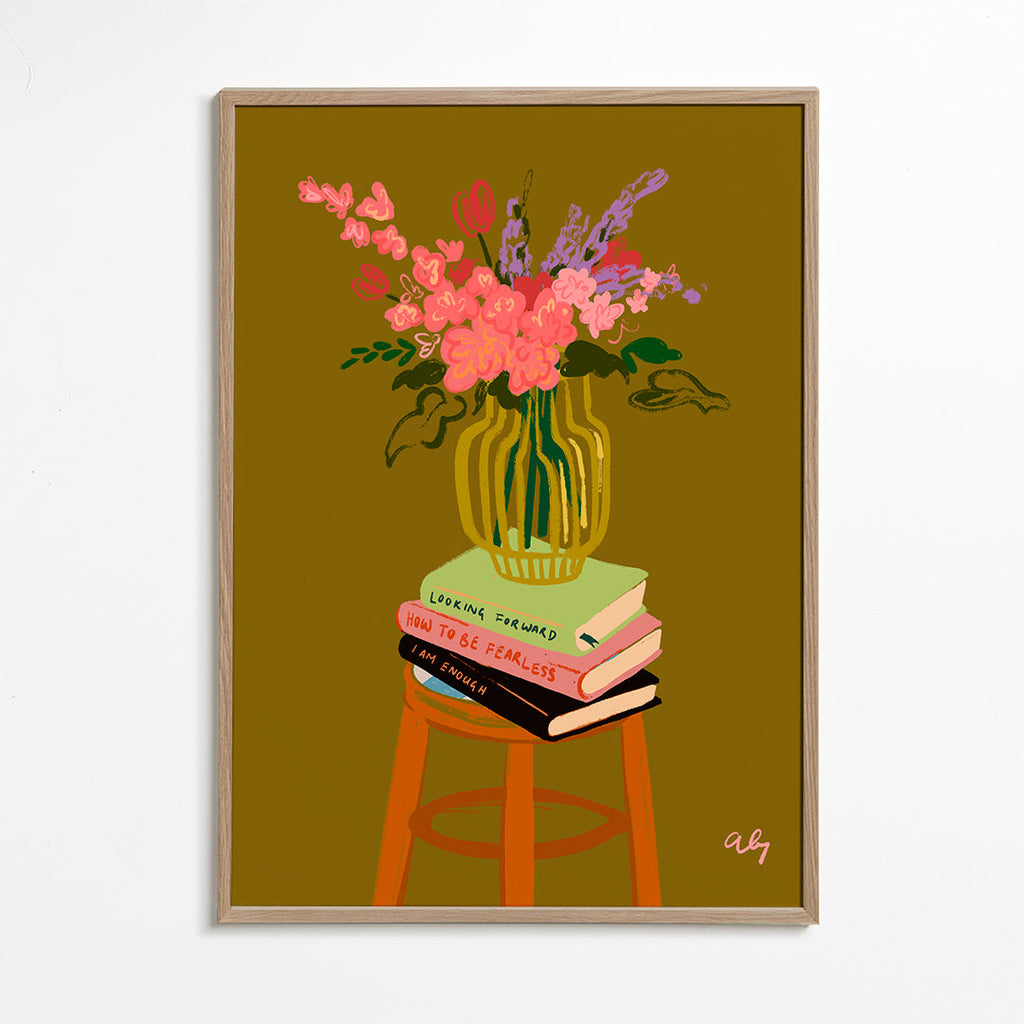 Estampa botânica: vaso de flores sobre livros