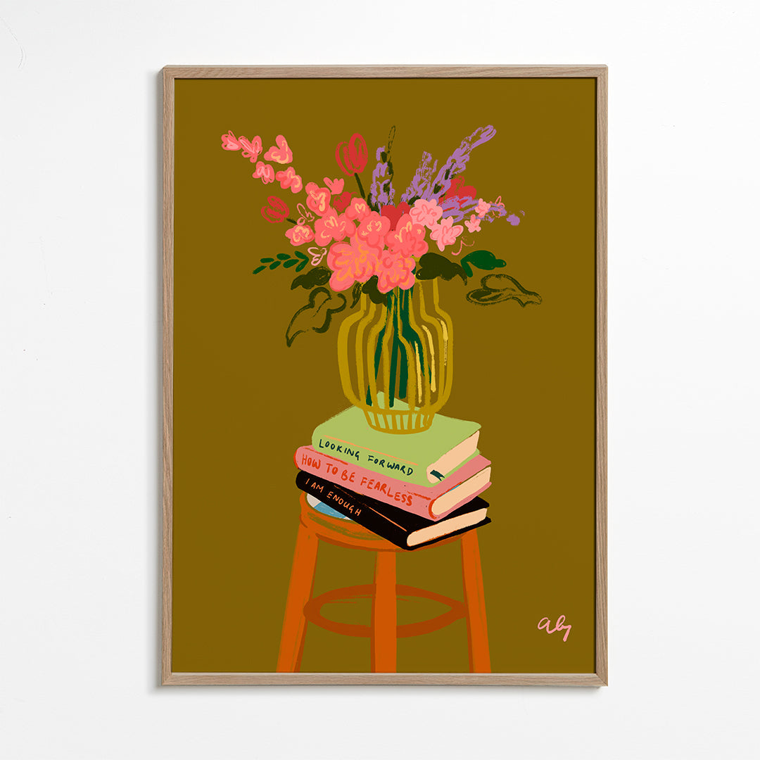 Estampa botânica: vaso de flores sobre livros