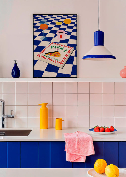 Arte para cozinha: pizza e café em xadrez