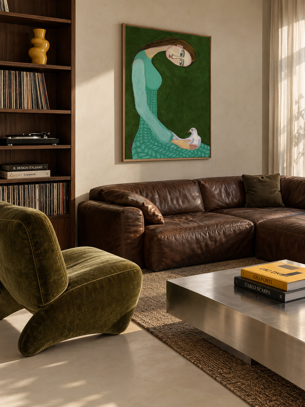 Lady sitting with white dove bird woman - Framed canvas in an interior